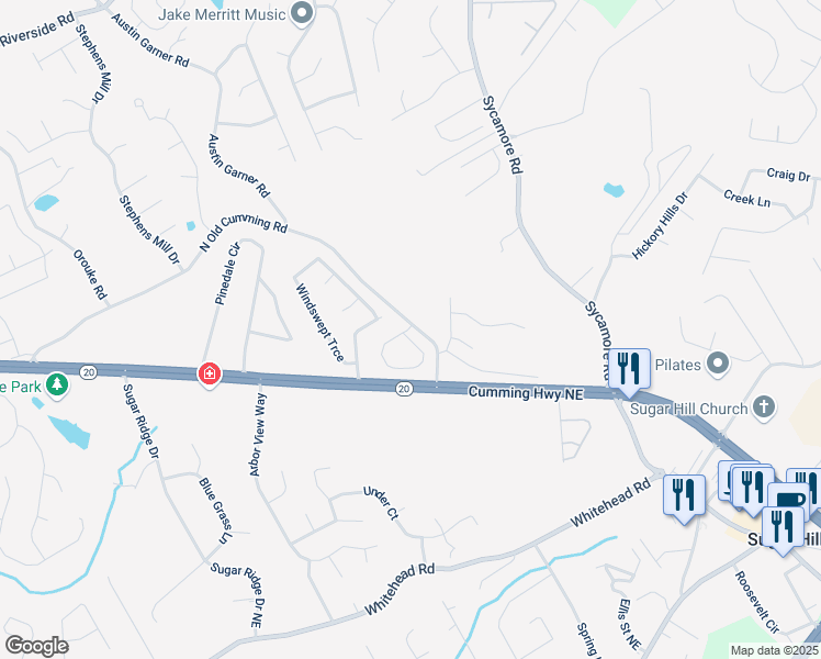 map of restaurants, bars, coffee shops, grocery stores, and more near 1005 North Old Cumming Road in Sugar Hill