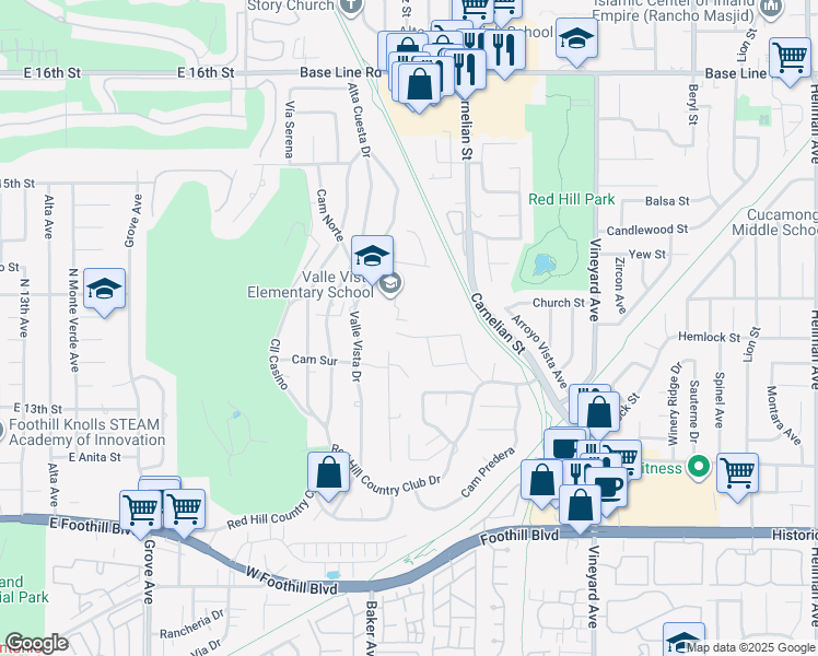 map of restaurants, bars, coffee shops, grocery stores, and more near 8564 Vía Huerte in Rancho Cucamonga