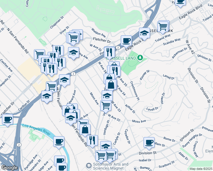 map of restaurants, bars, coffee shops, grocery stores, and more near Eagle Rock Blvd & Estara Ave in Los Angeles