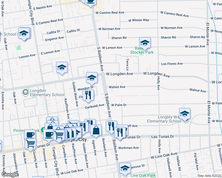 map of restaurants, bars, coffee shops, grocery stores, and more near 632 Walnut Avenue in Arcadia