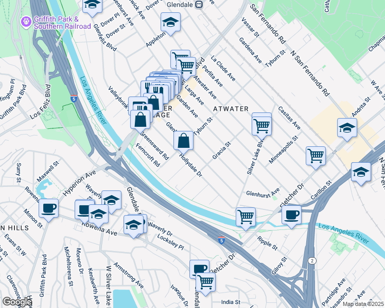 map of restaurants, bars, coffee shops, grocery stores, and more near 3343 Hollydale Drive in Los Angeles