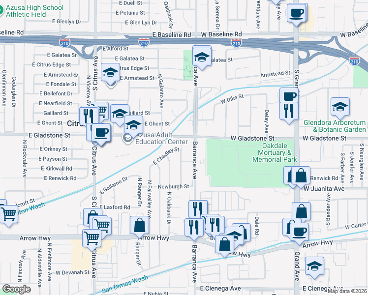 map of restaurants, bars, coffee shops, grocery stores, and more near 5532 North Traymore Avenue in Covina