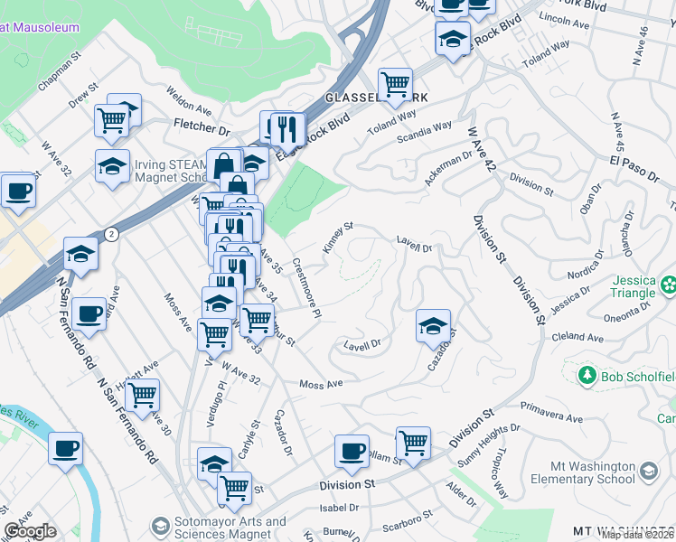 map of restaurants, bars, coffee shops, grocery stores, and more near 2517 El Rosa Drive in Los Angeles