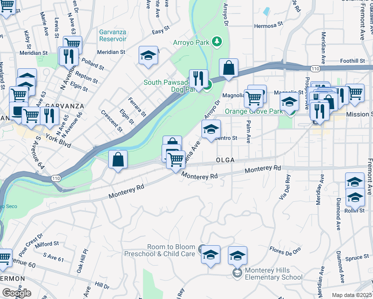 map of restaurants, bars, coffee shops, grocery stores, and more near 315 Pasadena Avenue in South Pasadena