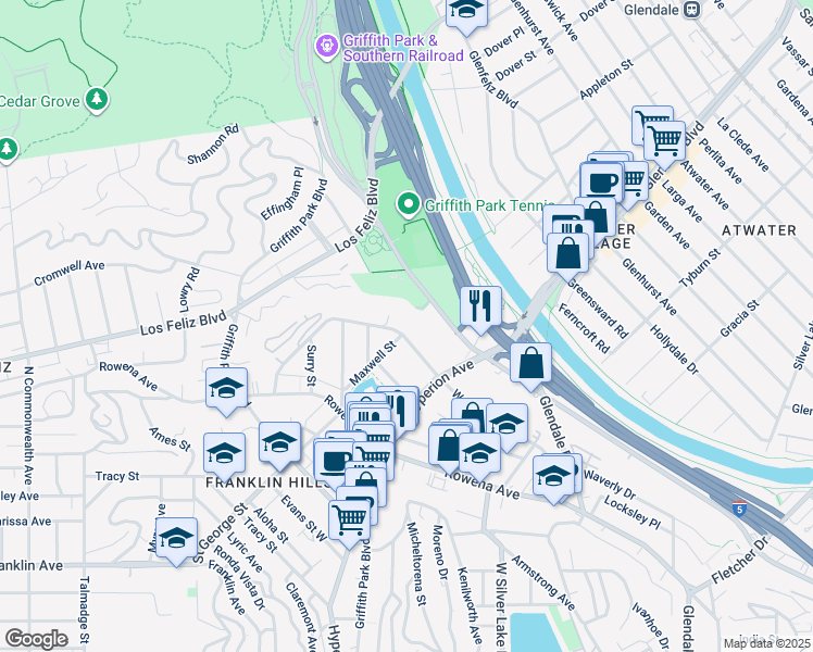 map of restaurants, bars, coffee shops, grocery stores, and more near 3165 Waverly Drive in Los Angeles