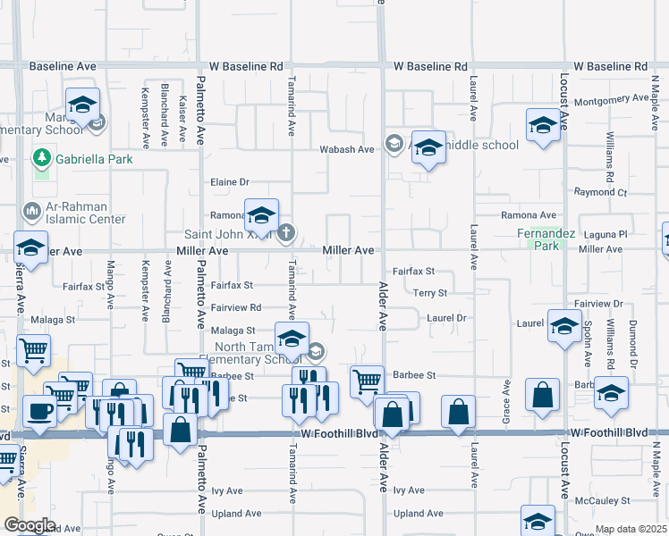 map of restaurants, bars, coffee shops, grocery stores, and more near 7740 Lombardy Avenue in Fontana