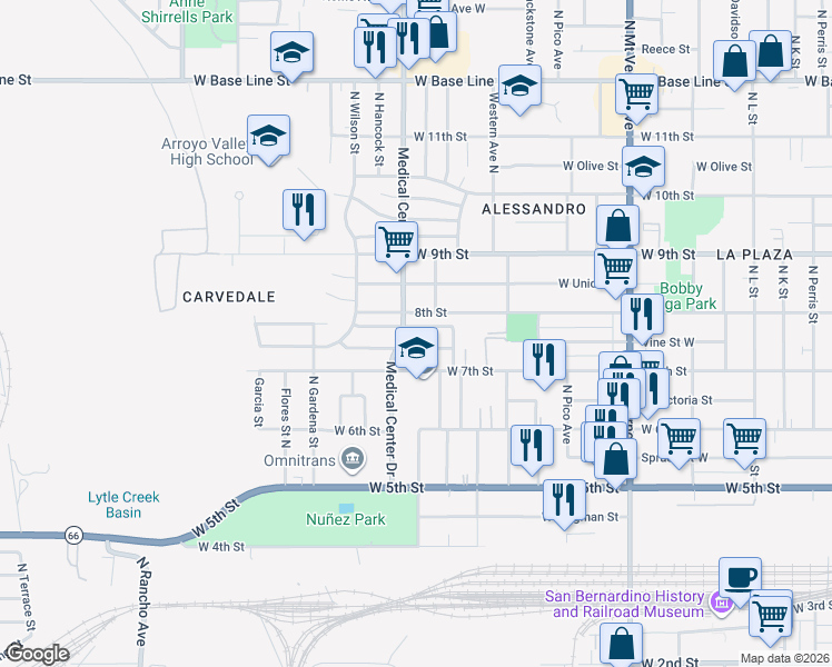map of restaurants, bars, coffee shops, grocery stores, and more near 1607 West Cleveland Street in San Bernardino