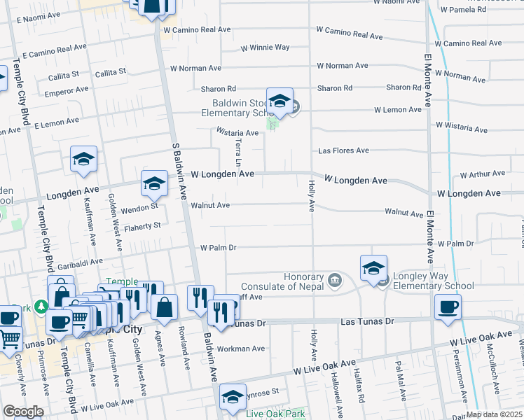 map of restaurants, bars, coffee shops, grocery stores, and more near 470 Walnut Avenue in Arcadia