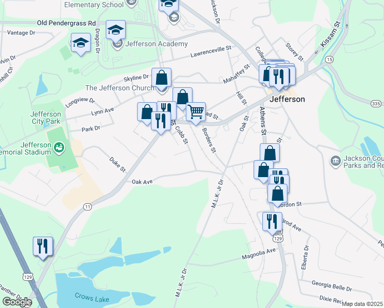 map of restaurants, bars, coffee shops, grocery stores, and more near 347 Cobb Street in Jefferson