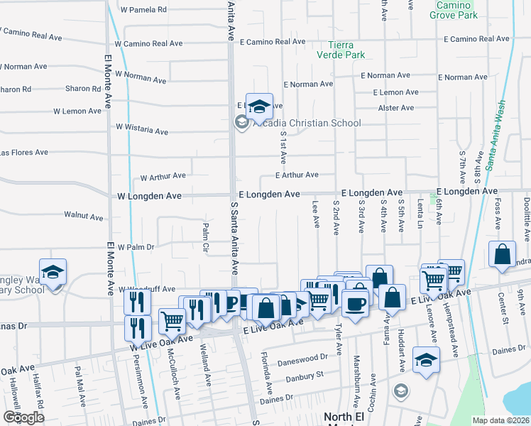 map of restaurants, bars, coffee shops, grocery stores, and more near 2230 Louise Avenue in Arcadia