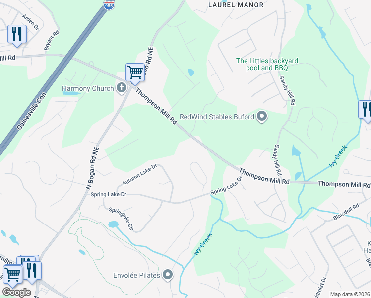 map of restaurants, bars, coffee shops, grocery stores, and more near 4200 Thompson Mill Road in Buford
