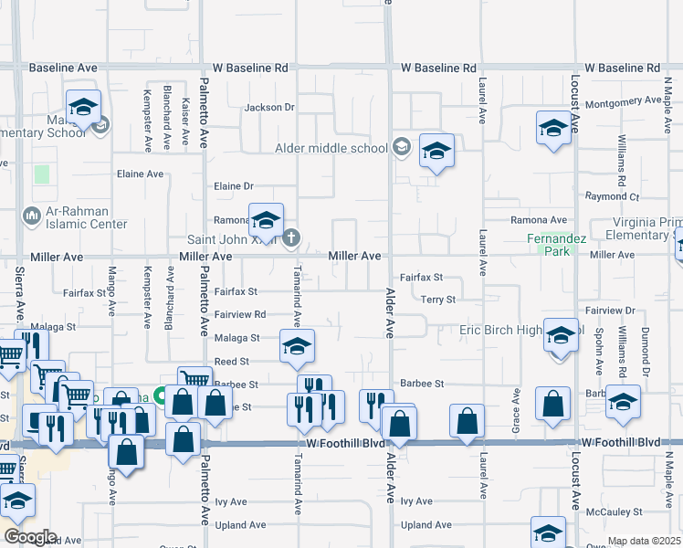 map of restaurants, bars, coffee shops, grocery stores, and more near 7740 Lombardy Avenue in Fontana