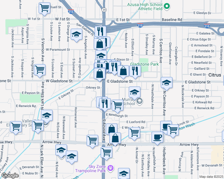map of restaurants, bars, coffee shops, grocery stores, and more near 200 East Gladstone Street in Azusa