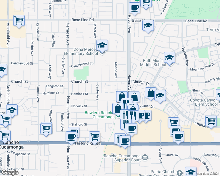map of restaurants, bars, coffee shops, grocery stores, and more near 10375 Church Street in Rancho Cucamonga