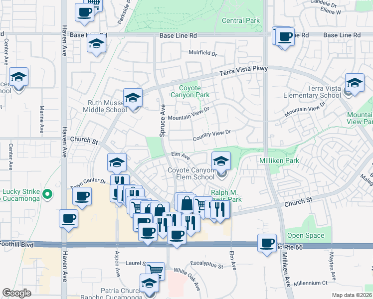 map of restaurants, bars, coffee shops, grocery stores, and more near 7765 Devonshire Court in Rancho Cucamonga