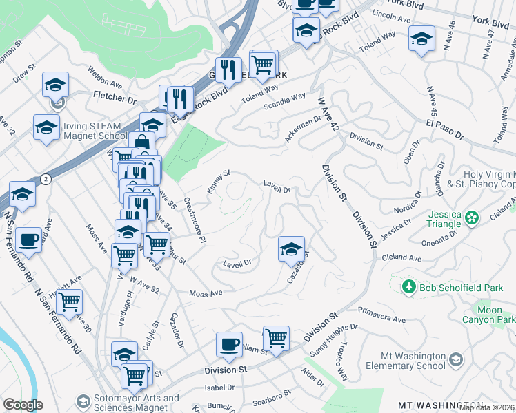 map of restaurants, bars, coffee shops, grocery stores, and more near 3734 Lavell Drive in Los Angeles