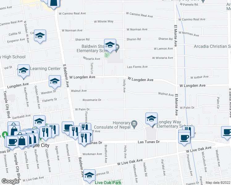 map of restaurants, bars, coffee shops, grocery stores, and more near 426 Walnut Avenue in Arcadia