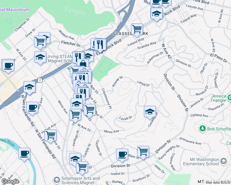 map of restaurants, bars, coffee shops, grocery stores, and more near 3557 North Paseo Drive in Los Angeles