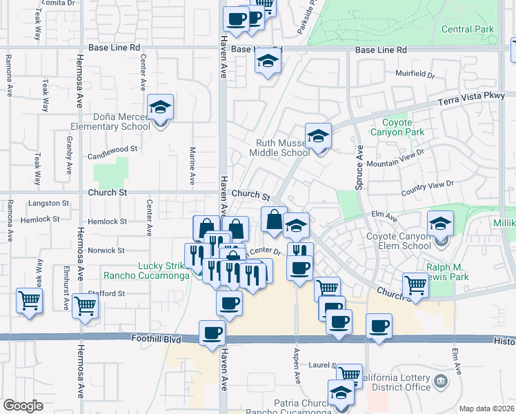 map of restaurants, bars, coffee shops, grocery stores, and more near Wells Drive in Rancho Cucamonga