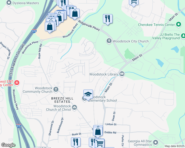 map of restaurants, bars, coffee shops, grocery stores, and more near 404 Norton Crossing in Woodstock