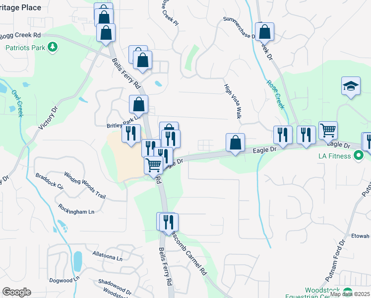 map of restaurants, bars, coffee shops, grocery stores, and more near 1811 Eagle Drive in Woodstock