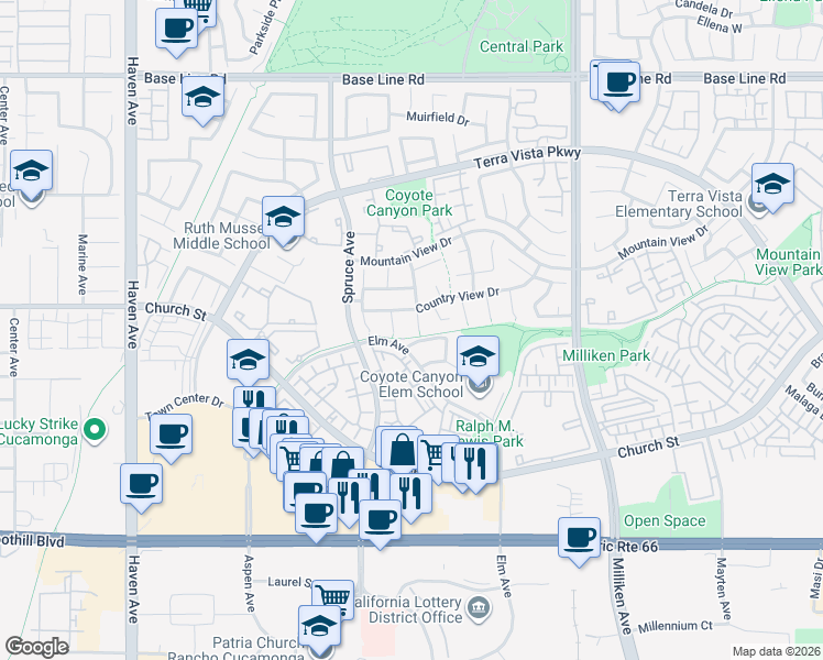 map of restaurants, bars, coffee shops, grocery stores, and more near 7756 Belvedere Place in Rancho Cucamonga