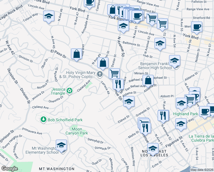 map of restaurants, bars, coffee shops, grocery stores, and more near 816 Terrace 49 in Los Angeles