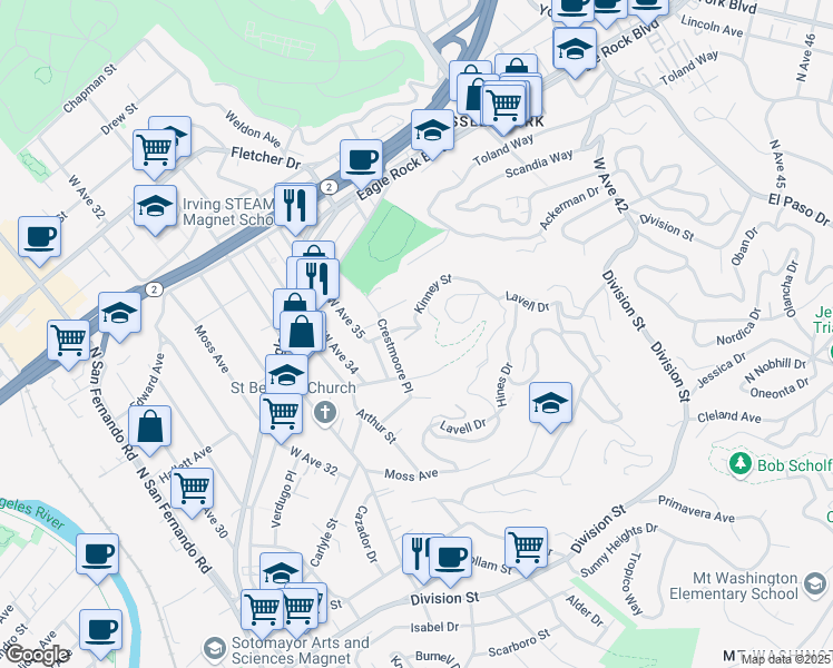 map of restaurants, bars, coffee shops, grocery stores, and more near 3554 North Paseo Drive in Los Angeles