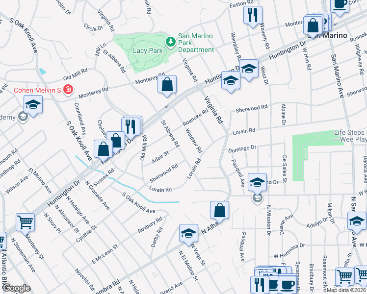 map of restaurants, bars, coffee shops, grocery stores, and more near 1880 Saint Albans Road in San Marino
