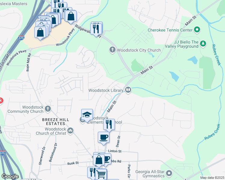 map of restaurants, bars, coffee shops, grocery stores, and more near 458 Bishop Lane in Woodstock