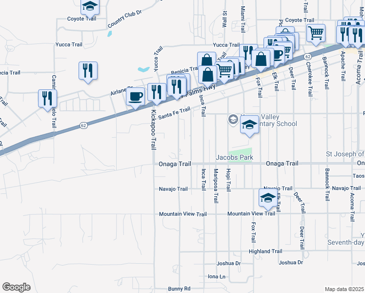 map of restaurants, bars, coffee shops, grocery stores, and more near 7637 Jemez Trail in Yucca Valley