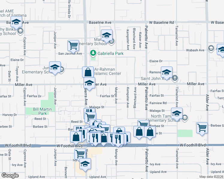 map of restaurants, bars, coffee shops, grocery stores, and more near 7749 Emerald Court in Fontana