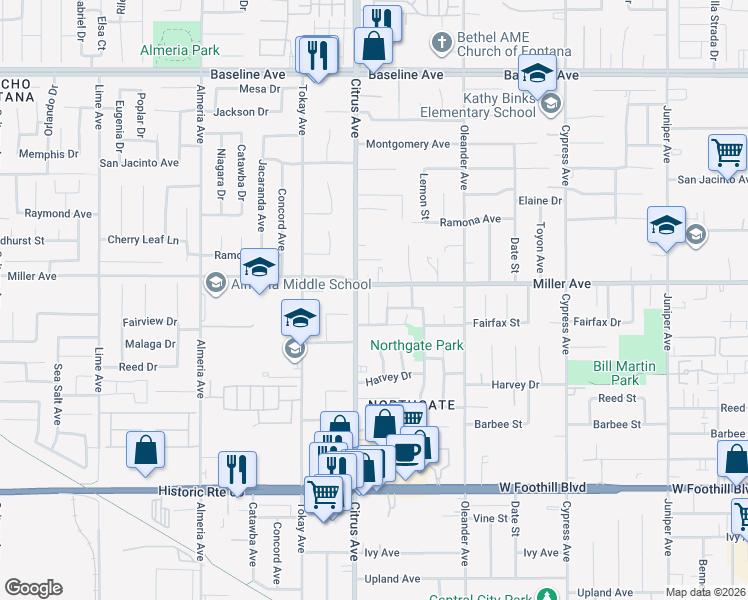 map of restaurants, bars, coffee shops, grocery stores, and more near 7759 Cartilla Avenue in Fontana