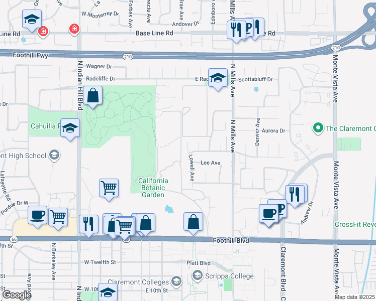 map of restaurants, bars, coffee shops, grocery stores, and more near 1625 Lowell Avenue in Claremont