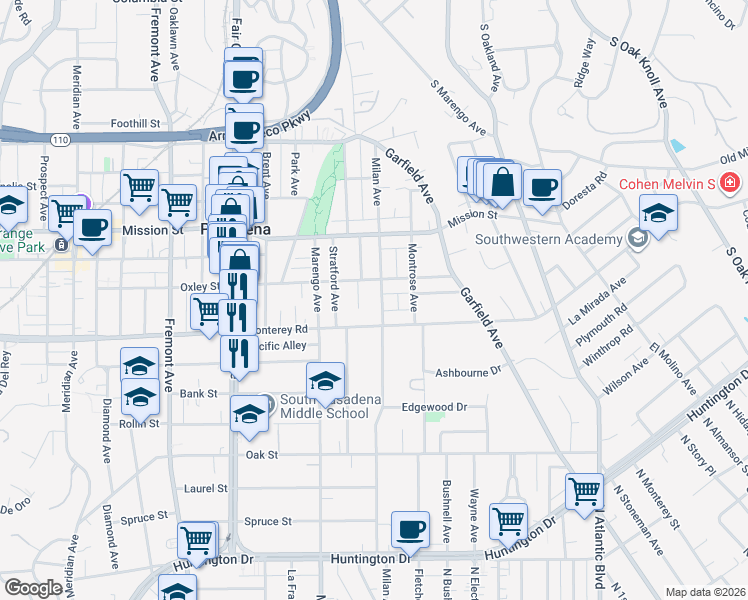map of restaurants, bars, coffee shops, grocery stores, and more near 1127 Milan Avenue in South Pasadena