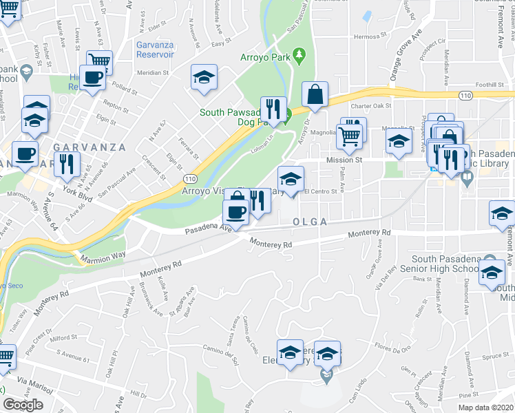 map of restaurants, bars, coffee shops, grocery stores, and more near 315 Pasadena Avenue in South Pasadena
