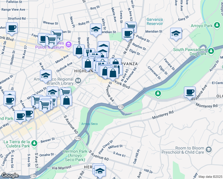 map of restaurants, bars, coffee shops, grocery stores, and more near 139 South Avenue 64 in Los Angeles