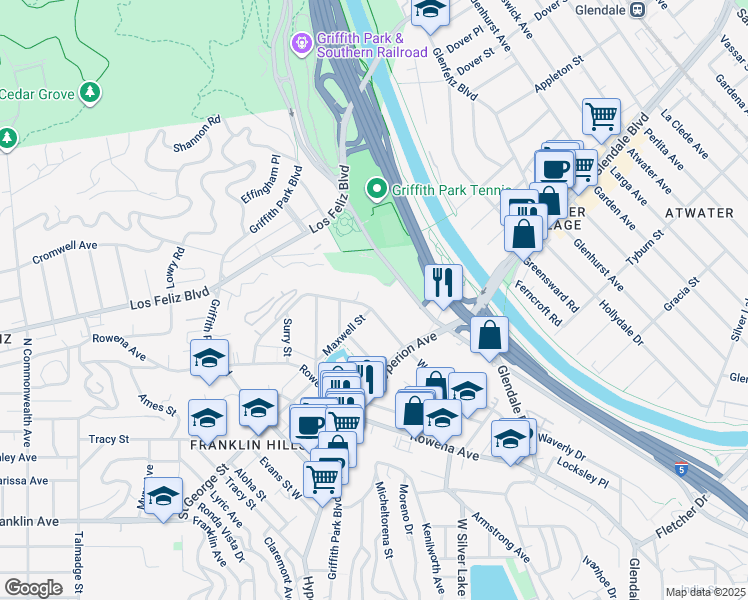 map of restaurants, bars, coffee shops, grocery stores, and more near 3165 Waverly Drive in Los Angeles