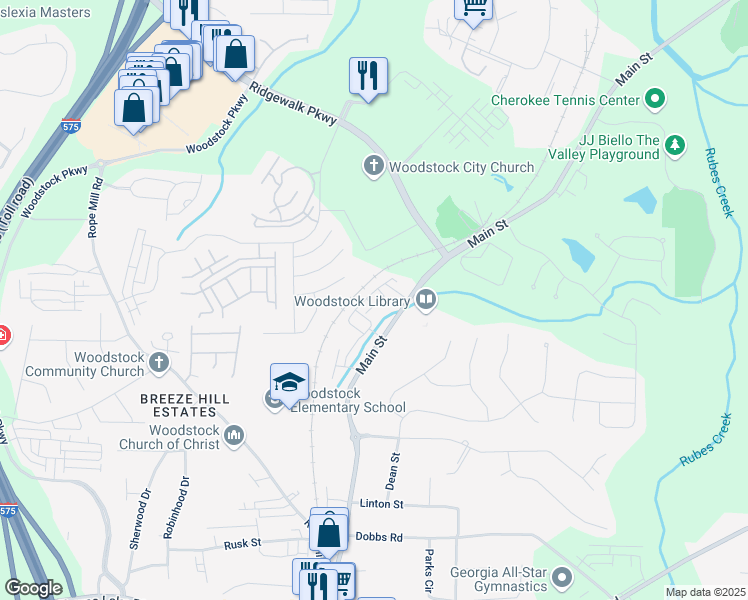 map of restaurants, bars, coffee shops, grocery stores, and more near 458 Bishop Lane in Woodstock