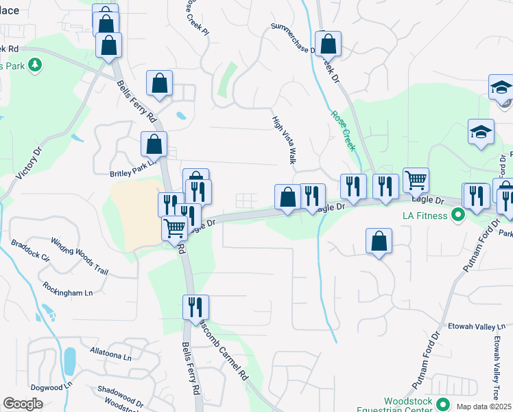map of restaurants, bars, coffee shops, grocery stores, and more near 401 Courtyard Drive in Woodstock