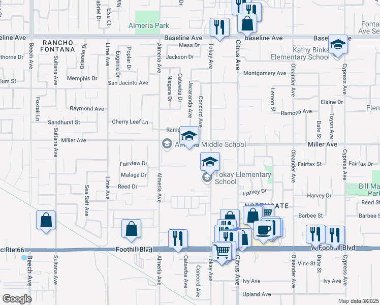 map of restaurants, bars, coffee shops, grocery stores, and more near 7723 Almeria Avenue in Fontana