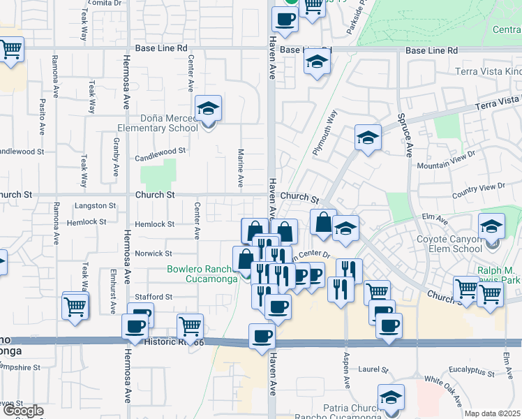 map of restaurants, bars, coffee shops, grocery stores, and more near 10459 Church Street in Rancho Cucamonga