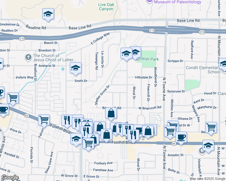 map of restaurants, bars, coffee shops, grocery stores, and more near 1359 Cedarview Drive in Claremont
