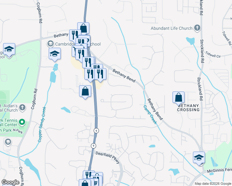 map of restaurants, bars, coffee shops, grocery stores, and more near 13538 Weycroft Circle in Alpharetta