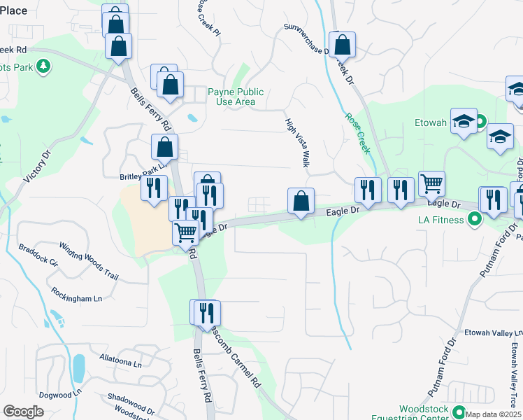 map of restaurants, bars, coffee shops, grocery stores, and more near 705 Paige Lane in Woodstock