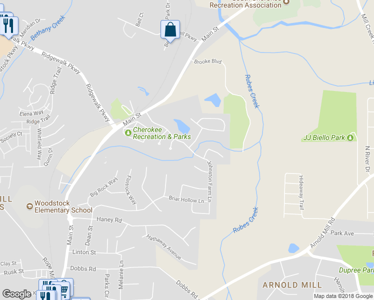 map of restaurants, bars, coffee shops, grocery stores, and more near 134 Johnston Farm Lane in Woodstock