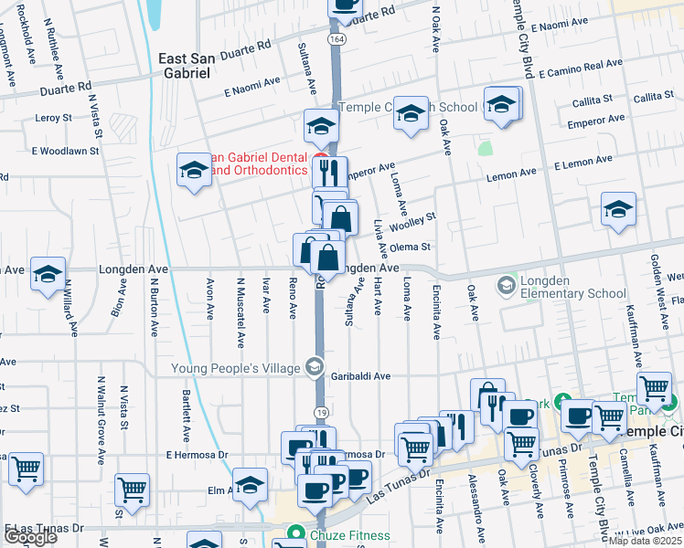 map of restaurants, bars, coffee shops, grocery stores, and more near 9026 Longden Avenue in Temple City