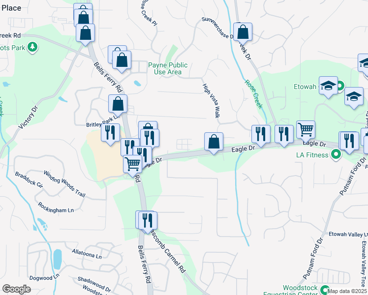 map of restaurants, bars, coffee shops, grocery stores, and more near 705 Paige Lane in Woodstock