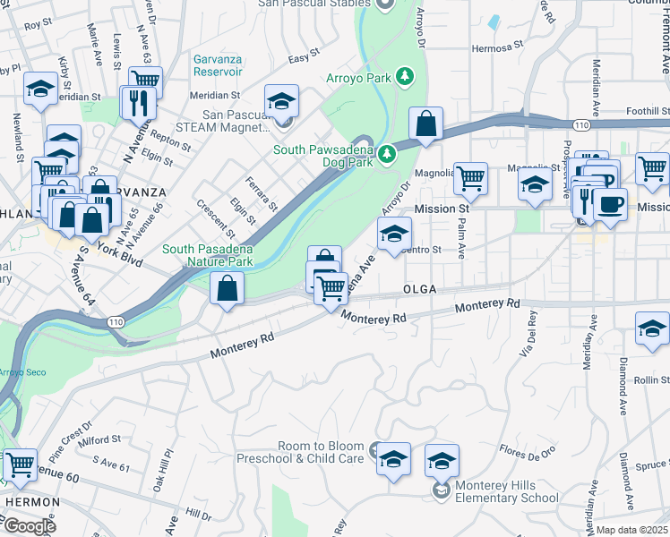 map of restaurants, bars, coffee shops, grocery stores, and more near 1022 Arroyo Drive in South Pasadena