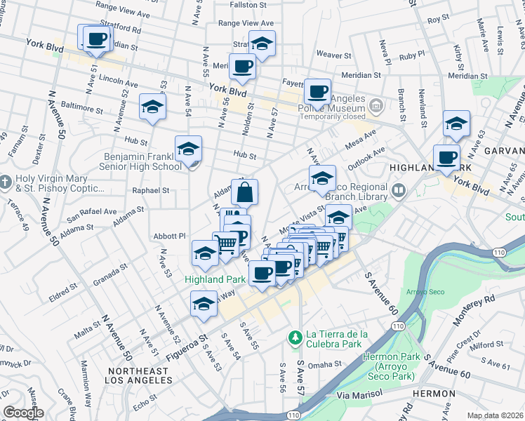 map of restaurants, bars, coffee shops, grocery stores, and more near 354 North Avenue 57 in Los Angeles